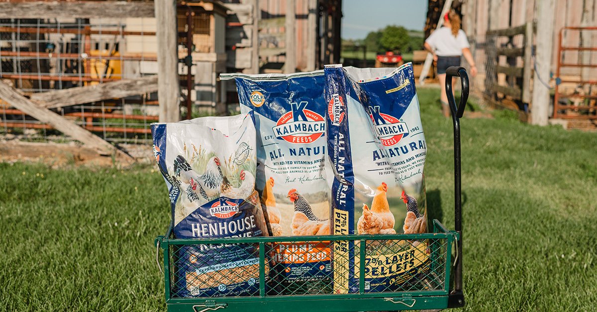 kalmbach feeds 17% layer chicken feed, full plume molting feed and henhouse reserve chicken feed in a wagon