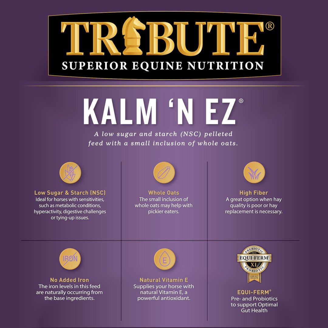 tribute equine nutrition kalm 'n ez textured low nsc pelleted horse feed