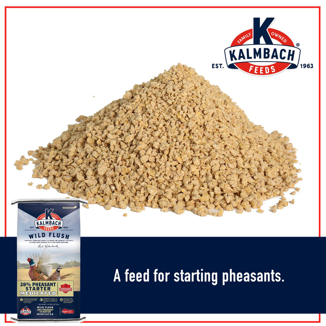 kalmbach feeds 28% wild flush pheasant feed for starting pheasants and other gamebirds