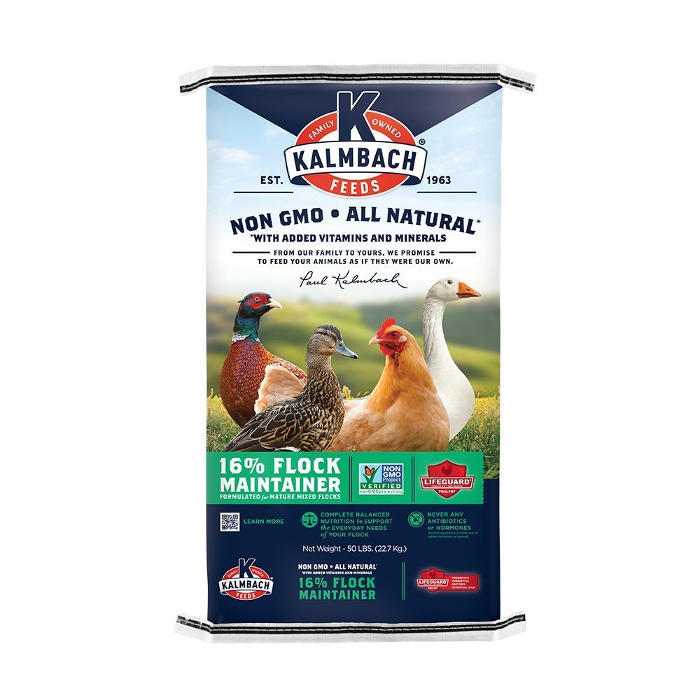 kalmbach 16% flock maintainer poultry feed non GMO front bag