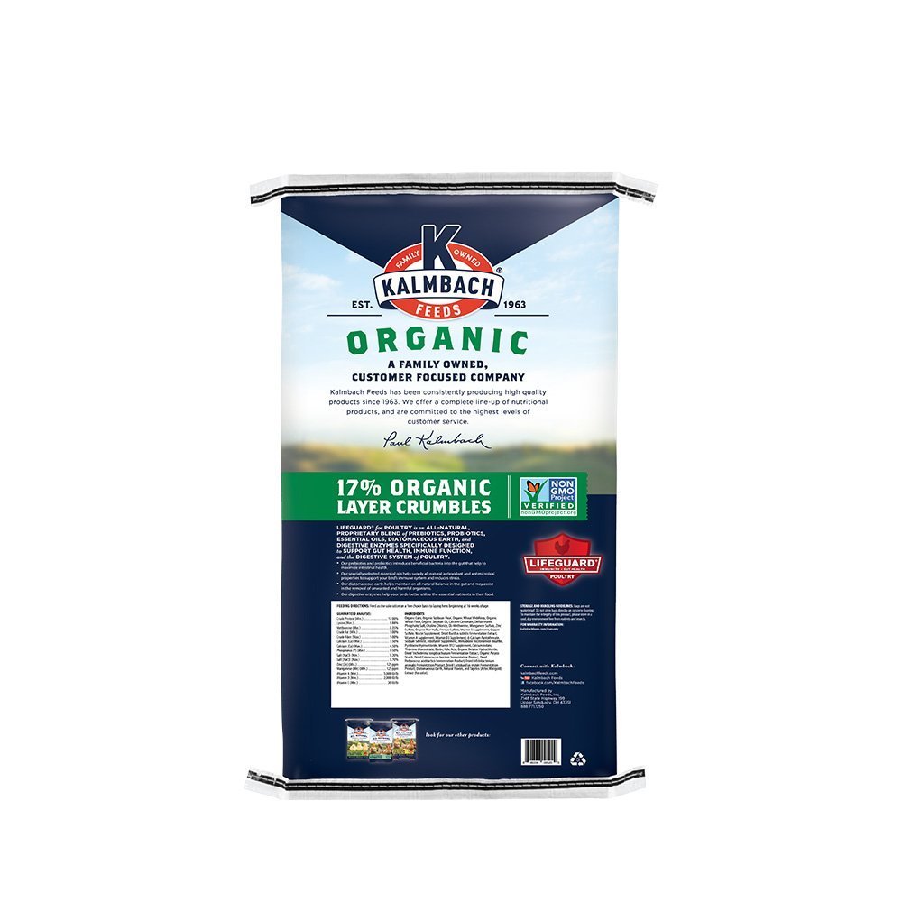 kalmbach 17% organic layer crumbles poultry feed 35 lb back bag