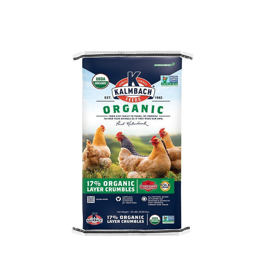 kalmbach 17% organic layer crumbles poultry feed 35 lb front bag