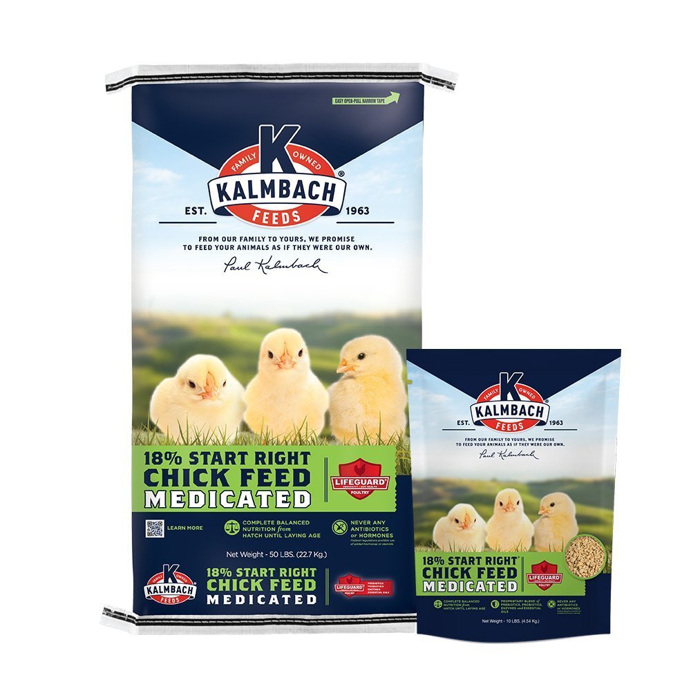 kalmbach 18% start right medicated chick feed front bags