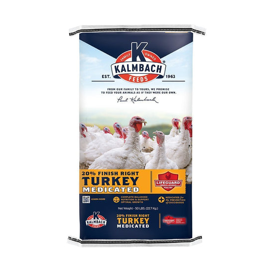 kalmbach 20% finish right turkey medicated turkey feed front bag