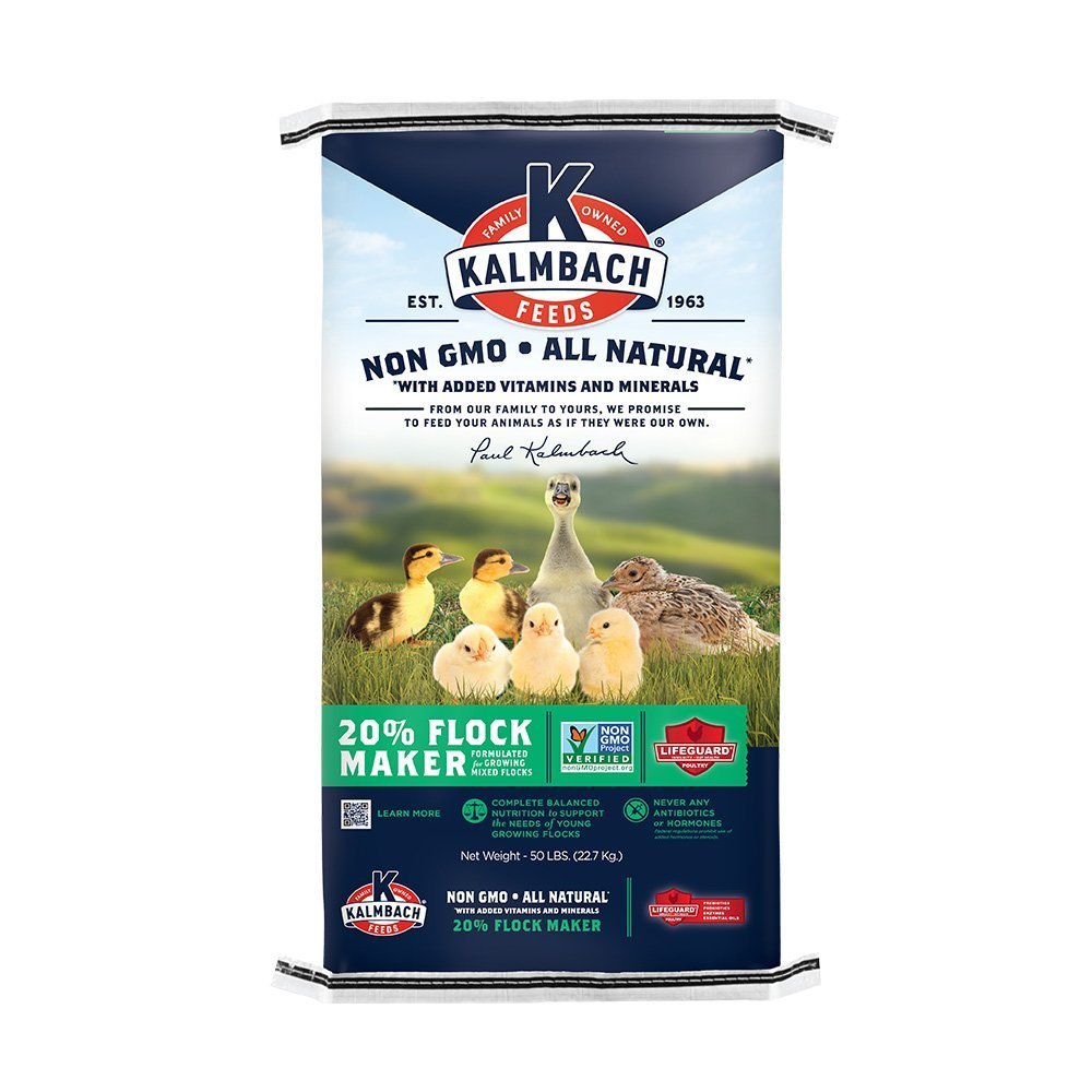 kalmbach 20% flock maker non gmo poultry feed front bag