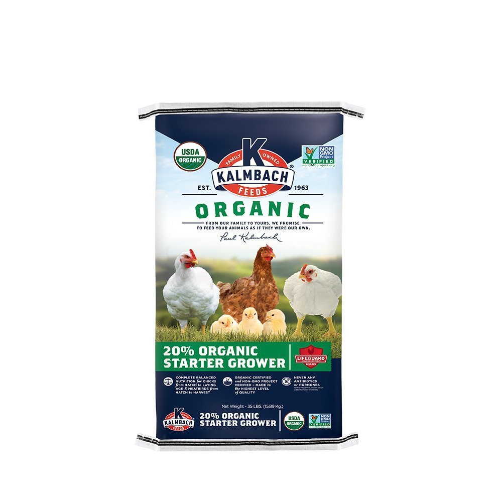 kalmbach 20% organic starter grower poultry feed pellets front bag
