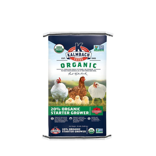 kalmbach 20% organic starter grower poultry feed pellets front bag