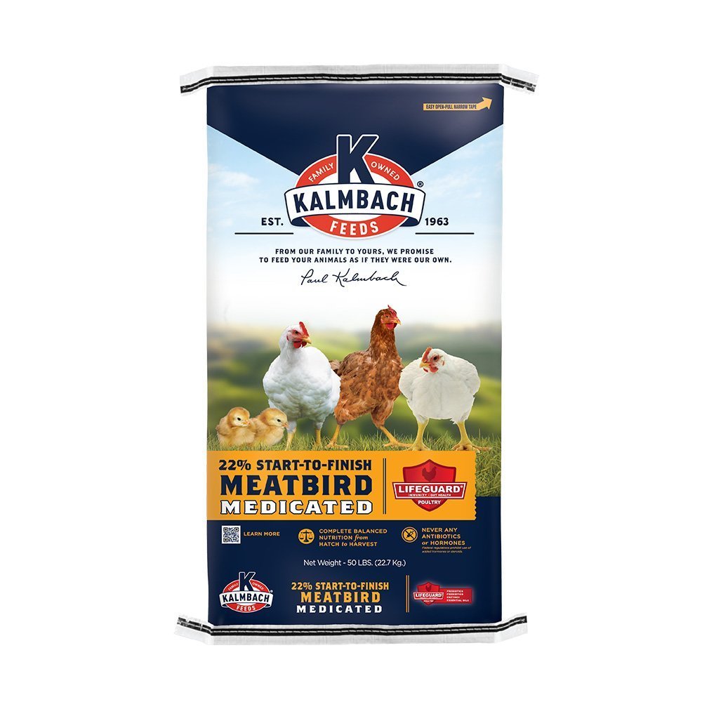kalmbach 22% start to finish meatbird medicated poultry feed front bag