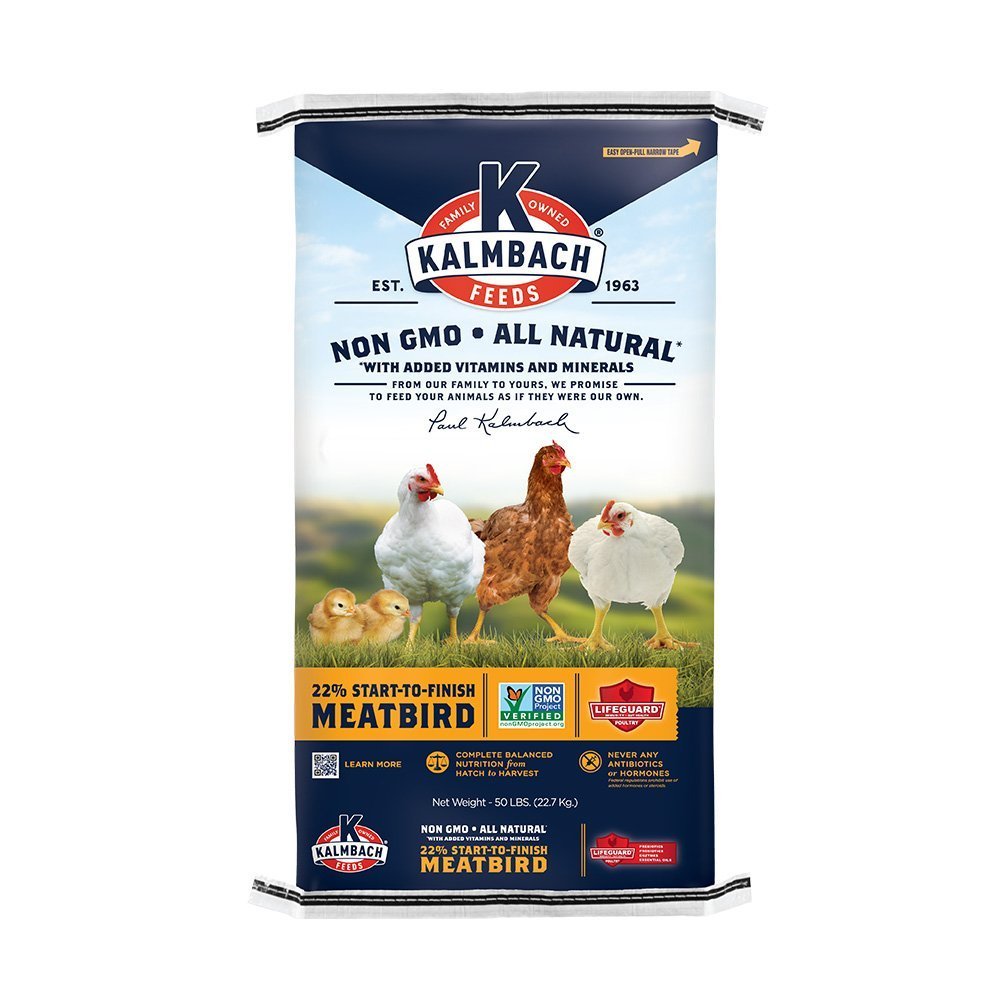 kalmbach 22% start to finish meatbird non gmo poultry feed front bag