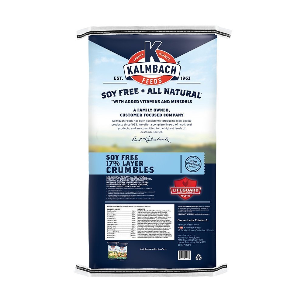 kalmbach soy free 17% layer crumbles poultry feed back bag