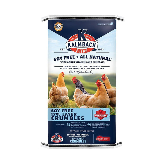 kalmbach soy free 17% layer crumbles poultry feed front bag