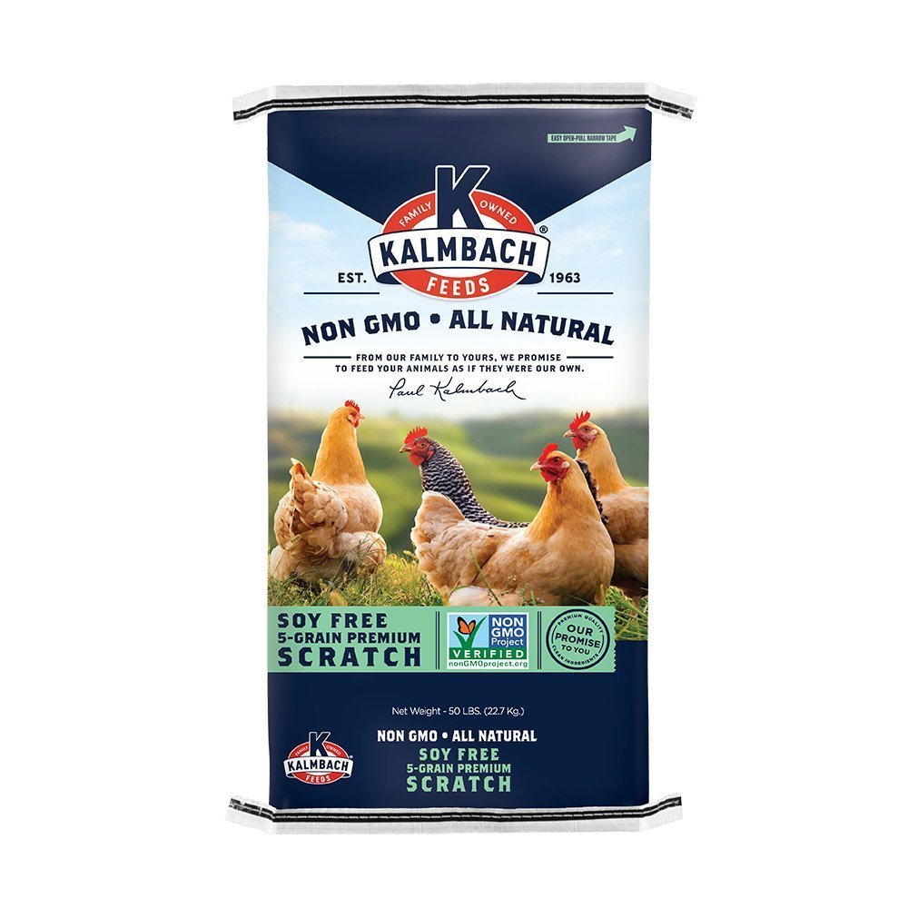 kalmbach soy free non gmo 5 grain premium scratch poultry feed front bag