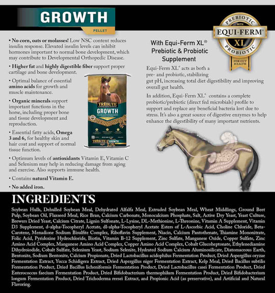 tribute growth pellet horse feed ingredients graphic